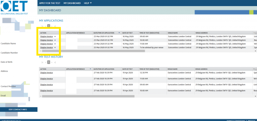 OET dashboard showing results